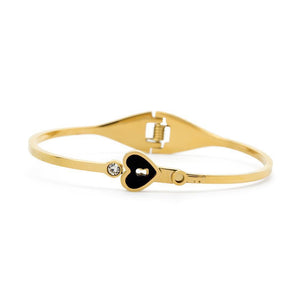 Stainless Steel Bangle Heart Key Onyx Crystal Gold Plated - Mimmic Fashion Jewelry