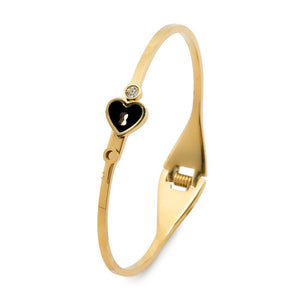 Stainless Steel Bangle Heart Key Onyx Crystal Gold Plated - Mimmic Fashion Jewelry