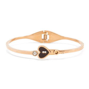 Stainless Steel Bangle Heart Key Onyx Crystal Rose Gold Plated - Mimmic Fashion Jewelry