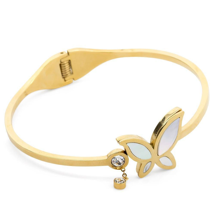 Stainless St Bngl MOP Butterfly CZ Gold Pl - Mimmic Fashion Jewelry