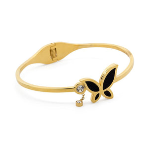 Stainless Steel Bangle Onyx Butterfly CZ Gold Plated - Mimmic Fashion Jewelry