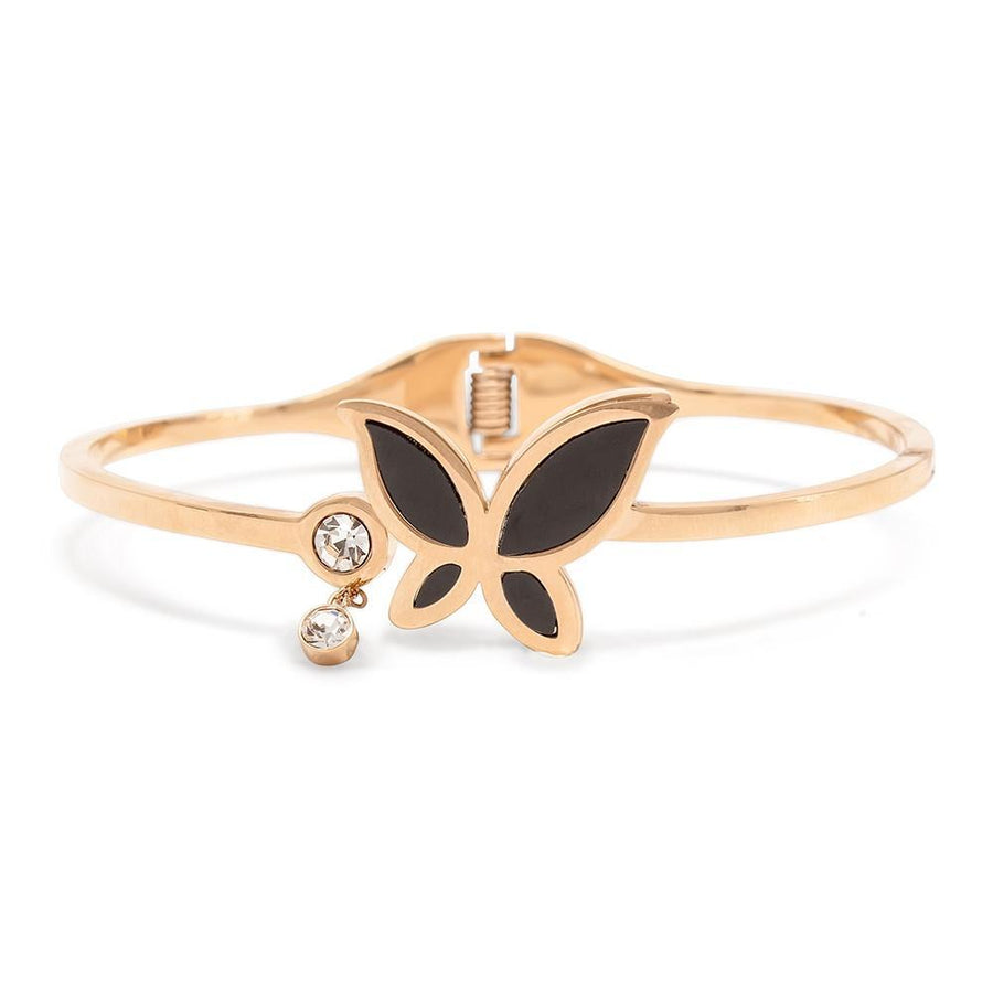 Stainless St Bngl Onyx Butterfly CZ RoseGold Pl - Mimmic Fashion Jewelry