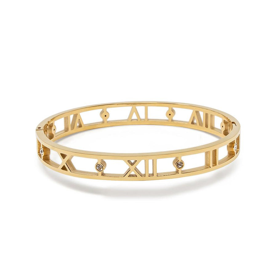 Stainless Steel Bangle Roman Numeral CZ Gold Plated - Mimmic Fashion Jewelry