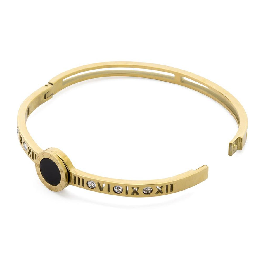 Stainless Steel Bangle Roman Numeral Onyx Crystal Gold Plated - Mimmic Fashion Jewelry