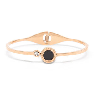 Stainless Steel Bangle Round Onyx Crystal Rose Gold Plated - Mimmic Fashion Jewelry