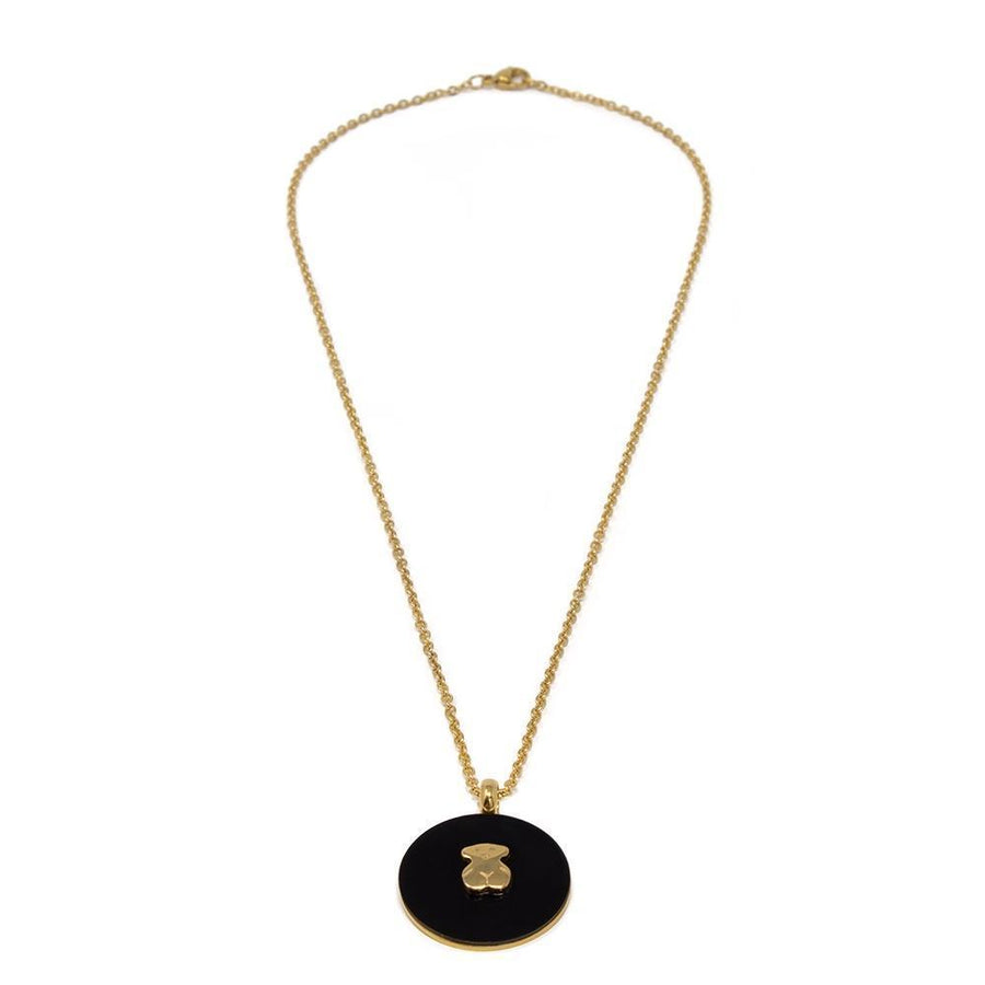 Stainless St Bear Black Disc Neck Gold Pl - Mimmic Fashion Jewelry