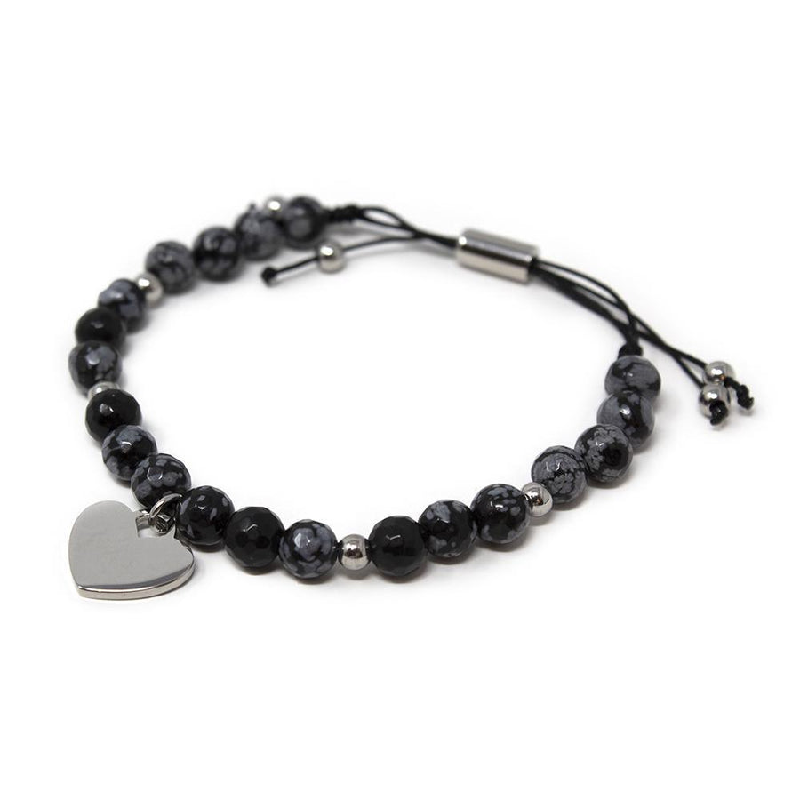 Stainless Steel Black Bead Slider Bracelet with Heart Charm - Mimmic Fashion Jewelry
