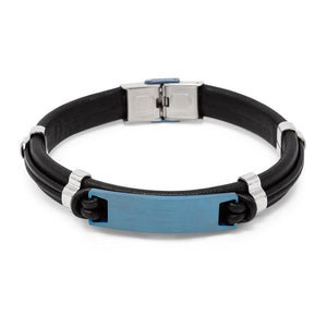 Stainless St Black Brown Leather Bracelet ID Station Blue - Mimmic Fashion Jewelry
