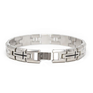 Stainless Steel Black CZ Cross H Link Bracelet - Mimmic Fashion Jewelry