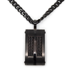 Stainless Steel Black Ion Plated Cable Inlayed Dog Tag Pendant on Chain - Mimmic Fashion Jewelry