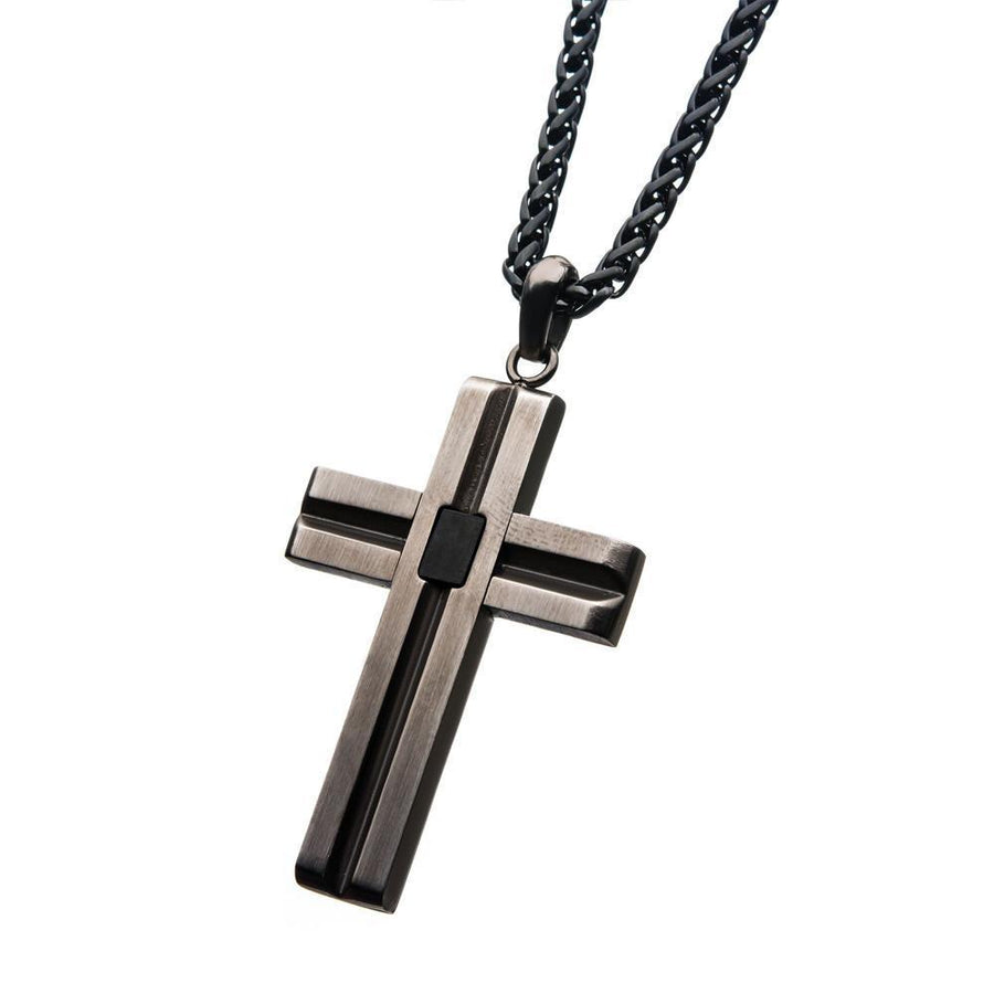 Stainless St Black IP Cross Pendant in Chain - Mimmic Fashion Jewelry