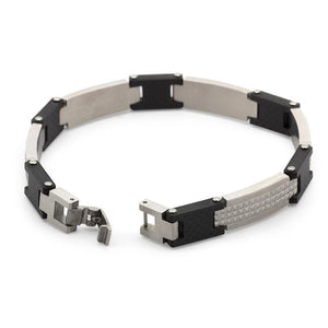 Stainless St Black IP & Steel Solid Carbon Fiber Link Bracelet - Mimmic Fashion Jewelry