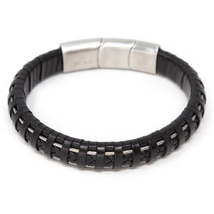 Stainless Steel Black Leather Bracelet with Stainless Steel Cable and Clasp - Mimmic Fashion Jewelry