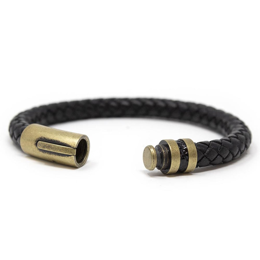 Stainless Steel Black Leather Braided Bracelet Antique Gold Clasp - Mimmic Fashion Jewelry