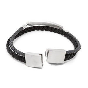 Stainless St. Black Leather Braided ID Bracelet - Mimmic Fashion Jewelry