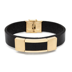 St Steel Black Leather Fliplock Bracelet GoldPl - Mimmic Fashion Jewelry