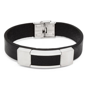 St Steel Black Leather Fliplock Bracelet - Mimmic Fashion Jewelry