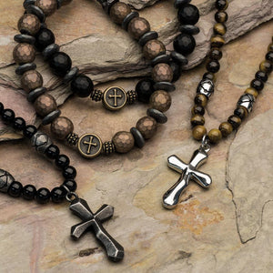 Stainless Steel Black Onyx Beads Cross Pendant Necklace - Mimmic Fashion Jewelry
