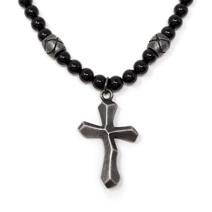 Stainless Steel Black Onyx Beads Cross Pendant Necklace - Mimmic Fashion Jewelry