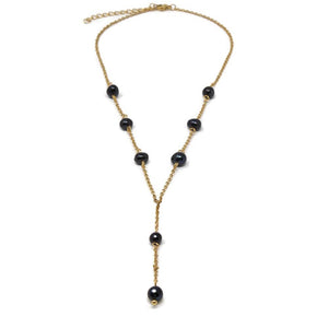 Stainless St Black Pearl Station Lariat Neck Gold Pl - Mimmic Fashion Jewelry