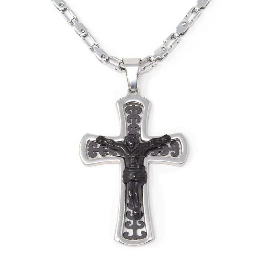 Stainless Steel Black Square Link Necklace with Crucifix Pendant - Mimmic Fashion Jewelry