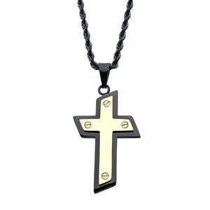 Stainless St Black and Gold IP Cross Pendant with Chain - Mimmic Fashion Jewelry