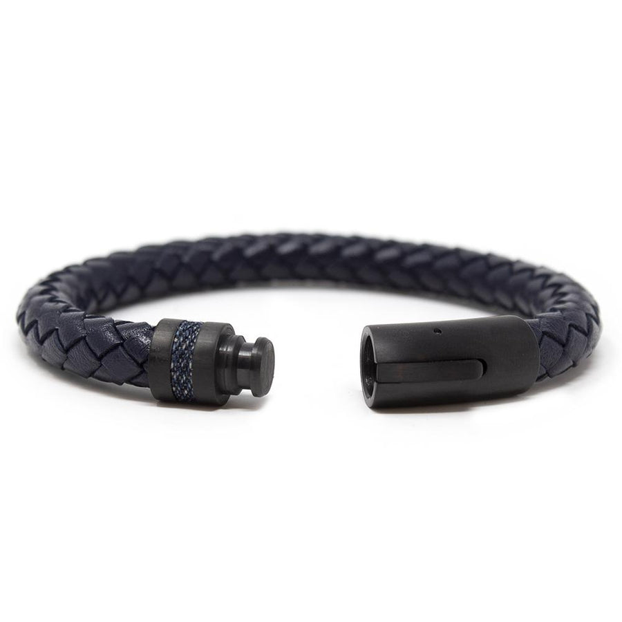 Stainless Steel Blue Leather Braided Bracelet Black Clasp - Mimmic Fashion Jewelry
