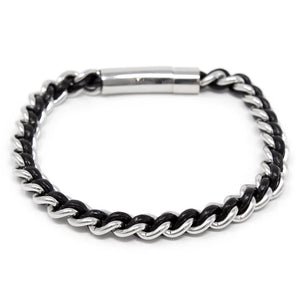 Stainless Steel Bracelet Black Leather Braided in Chain - Mimmic Fashion Jewelry