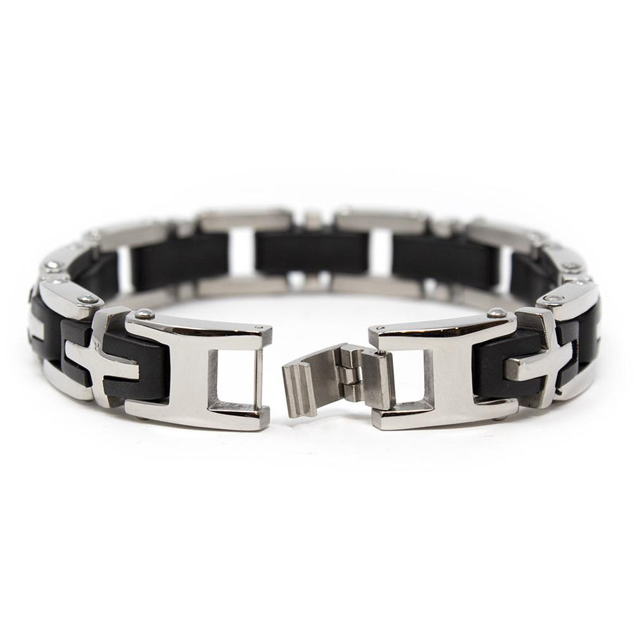 Stainless Steel Bracelet with Cross Links and Rubber Inlaid - Mimmic Fashion Jewelry