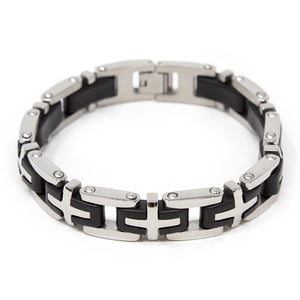 Stainless Steel Bracelet with Cross Links and Rubber Inlaid - Mimmic Fashion Jewelry