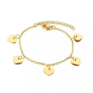 Stainless Steel Bracelet with Five Heart Charms Gold Plated