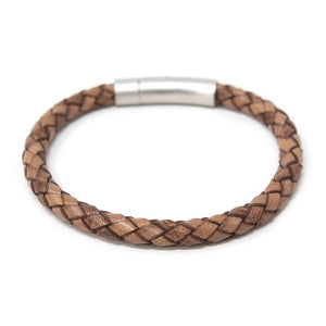 Stainless Steel Braided Leather Bracelet Beige - Mimmic Fashion Jewelry