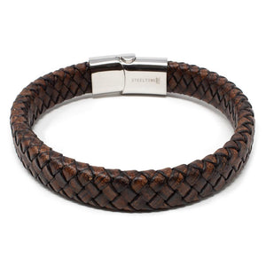 Stainless Steel Braided Leather Bracelet Brown - Mimmic Fashion Jewelry