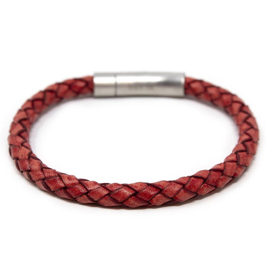 Stainless Steel Braided Leather Bracelet Red - Mimmic Fashion Jewelry