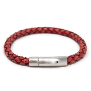 Stainless Steel Braided Leather Bracelet Red - Mimmic Fashion Jewelry