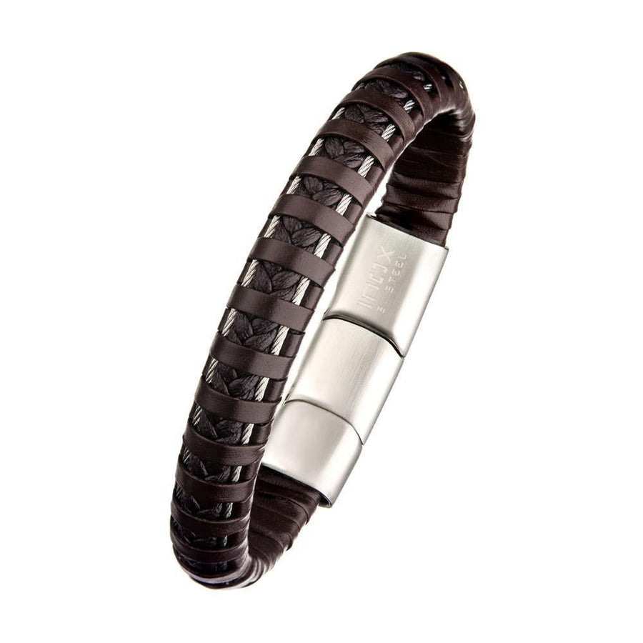 Stainless St Brown Leather Bracelet W Cable Braided - Mimmic Fashion Jewelry