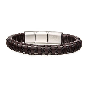Stainless St Brown Leather Bracelet W Cable Braided - Mimmic Fashion Jewelry
