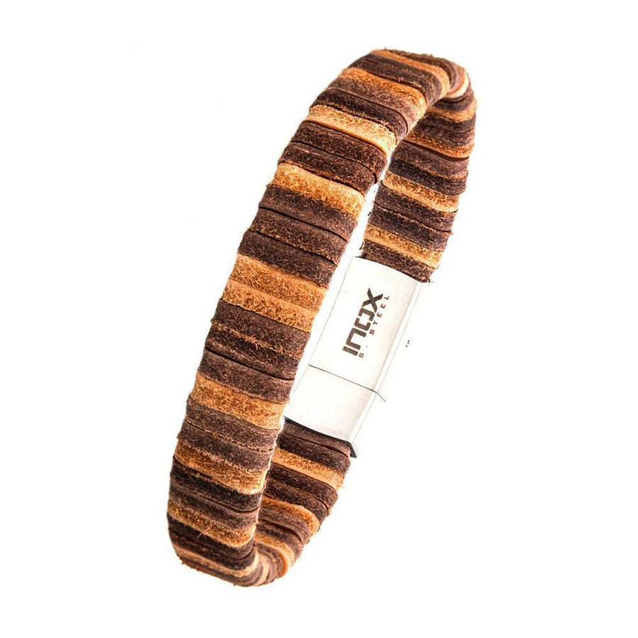 Stainless St Brown Leather Bracelet w St Steel Clasp - Mimmic Fashion Jewelry
