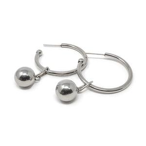 Stainless Steel C Hoop Earrings with Dangling Ball - Mimmic Fashion Jewelry