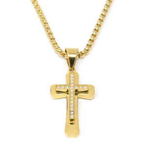 Stainless Steel CZ Cross Pendant Large Gold Plated - Mimmic Fashion Jewelry