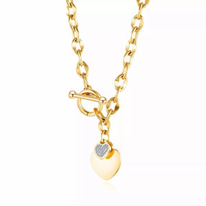 Stainless Steel CZ Pave Heart Toggle Necklace Gold Plated