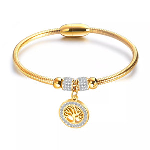 Stainless Steel CZ Pave Tree Of Life Magnetic Bracelet Gold Plated