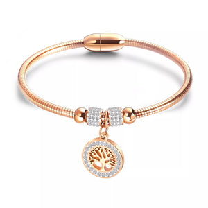 Stainless Steel CZ Pave Tree Of Life Magnetic Bracelet Rose Gold Plated