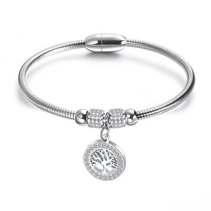 Stainless Steel CZ Pave Tree Of Life Magnetic Bracelet