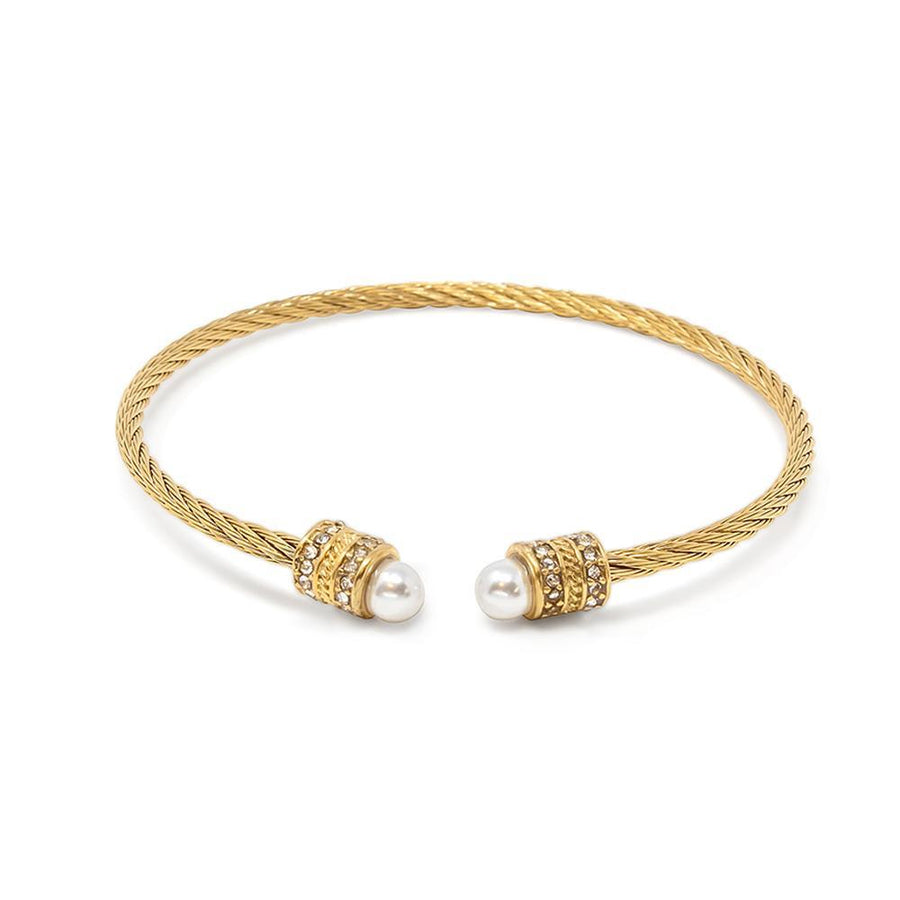Stainless Steel Cable Bangle Pearl and Crystal Pave Ends Gold Plated - Mimmic Fashion Jewelry