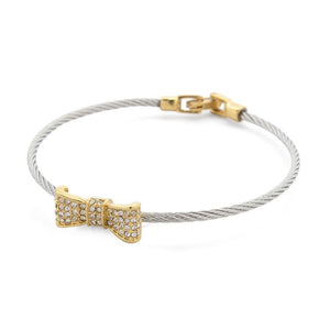 Stainless St Cable Bangle W Crystal Pave Bow 2Tone - Mimmic Fashion Jewelry