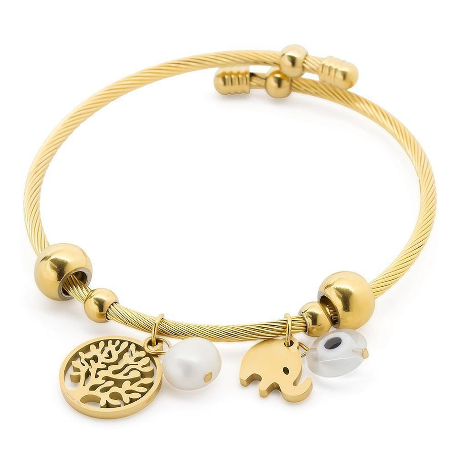 Stainless ST Cable Bracelet Tree of Life Pearl GoldPl - Mimmic Fashion Jewelry