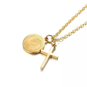 Stainless Steel Coin/Cross Pendant Necklace Gold Plated