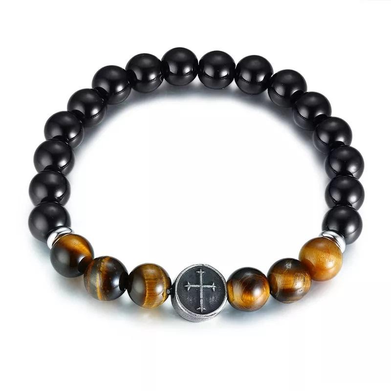 Stainless Steel Cross Bead Tiger Eye/Onyx Stretch Men's Bracelet