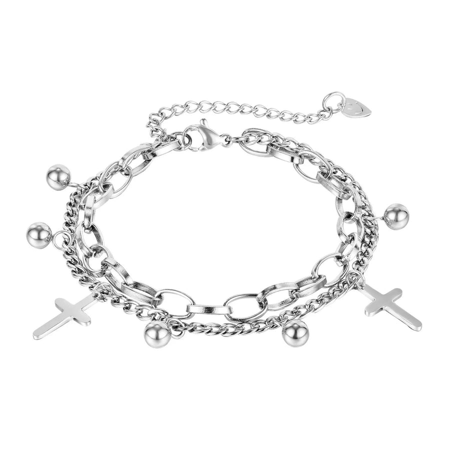 Stainless Steel Cross Charm Layered Bracelet